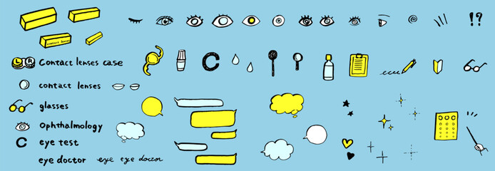眼科や目の病気治療に最適な手描きのアイコンセット（ブルー系カラー）
