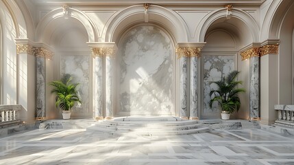 A white marble podium in a classical museum setting, adorned with ornate details and bathed in soft light, positioned centrally with ample copy space.