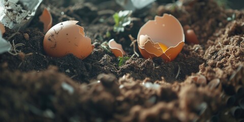 A cracked and empty eggshell sits amidst dirt and potentially decaying organic matter
