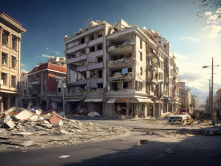 Fototapeta premium Town ruined by earthquake. Destroyed broken buildings on the street.