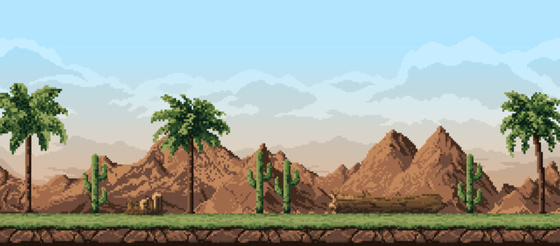 8 bit pixel prairie or desert landscape with mountains and palm trees, vector background. 8bit pixel art landscape for arcade video game, cactus and palms in desert canyon of prairie valley with grass