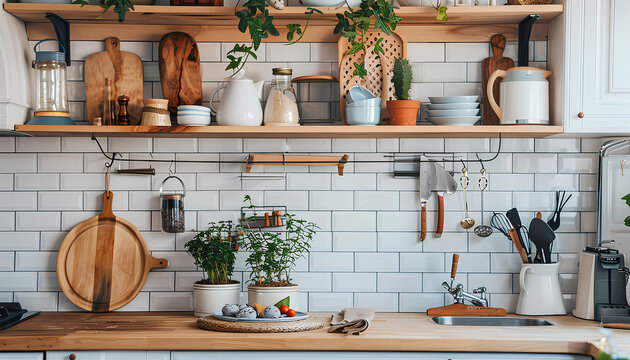 Interior of stylish kitchen with utensils and dinnerware on coun