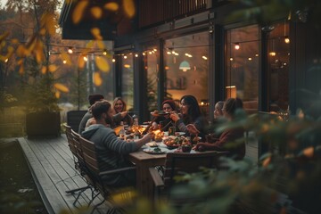 Friends gathered on a patio for a festive dinner