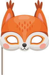 Squirrel animal carnival party mask. Festival or birthday costume, playful decorative face covering with red fur, peaky ears and eye holes. Isolated vector photo booth squirrel animal head on stick
