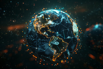 An abstract holographic planet Earth with numerous connection points symbolizing the vastness of social networks and global connectivity.