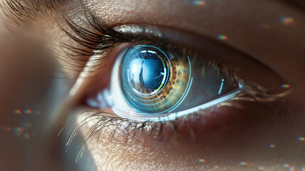 closeup of a human eye with virtual hologram elements for surveillance and digital ID verification