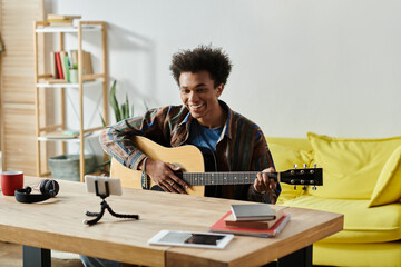 A young man strums his acoustic guitar in a cozy living room.