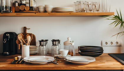 Obraz premium Interior of stylish kitchen with utensils and dinnerware on coun