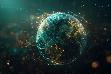 An abstract holographic planet Earth with numerous connection points symbolizing the vastness of social networks and global connectivity.