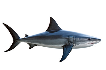 Fototapeta premium A stark image of a great white shark isolated on a black background, capturing the creature's power