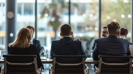 Fototapeta premium A group of business professionals sit at a conference table, facing a large window.
