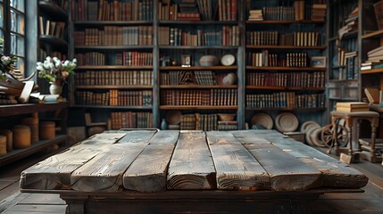 Obraz premium A wooden podium with a vintage look, placed in an antique store surrounded by old books and artifacts, centered with ample copy space.