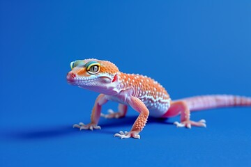 Obraz premium small, spotted leopard gecko in a calm mood on a rich royal blue solid color background