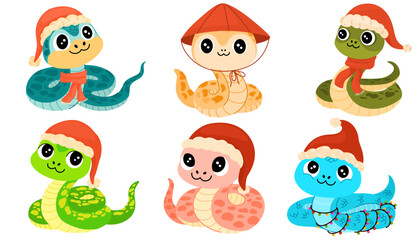 Cute Cartoon Snakes. Chinese 2025 New Year symbol, happy animals characters mascot in Santa hats. Happy funny serpents with spots on skin. Vector illustration isolated on white background