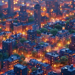 Obraz premium An isometric 3D rendered animation of a sprawling cityscape at dusk. The scene is filled with glowing lights from buildings and street lamps, creating a warm and inviting atmosphere. The animation
