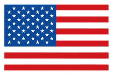 American flag with red, white, blue stripes and white stars on white background