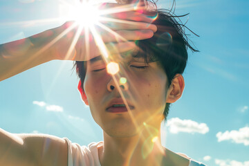Man Shielding Eyes from Bright Sunlight Outdoors
