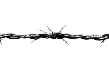 A horizontal strand of barbed wire showing sharp barbs, with a dark and moody atmosphere isolated on black