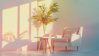 Interior of modern living room with soft armchair, table and tre