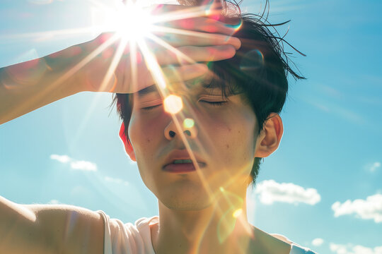 Man Shielding Eyes from Bright Sunlight Outdoors
