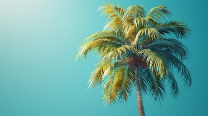 A tropical palm tree against a pastel blue background. 3D rendering