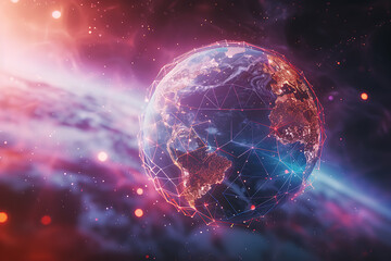 Obraz premium An abstract holographic planet Earth with numerous connection points symbolizing the vastness of social networks and global connectivity.