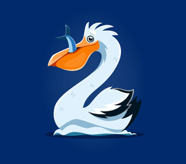 Underwater sea animals font, number 2 as cartoon pelican with fish, vector undersea alphabet. Sea animals font or ocean ABC typeface with cartoon character of funny pelican eating fish in number 2 Two