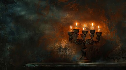 Side view, low key image, Hanukkah menorah, candle flames flickering, dark, misty background with a soft glow, Jewish holiday ambiance, copyspace, fine oil painting style
