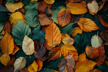 Vibrant pile of yellow fall leaves on brown ground