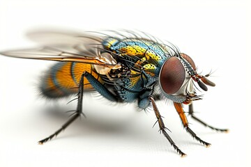 A close-up of a blue and yellow fly with its wings spread out. The fly is captured in a blurred image, giving it a dynamic and artistic appearance.