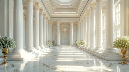 An elegant white marble podium in a grand museum setting, featuring classical columns and soft, ambient light, positioned centrally with plenty of copy space.