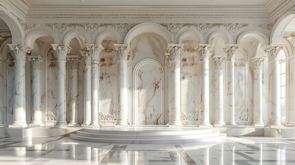 Fototapeta premium An elegant white marble podium in a grand museum setting, featuring classical columns and soft, ambient light, positioned centrally with plenty of copy space.
