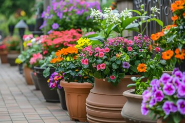 Colorful flower pots with vibrant blooms on a patio