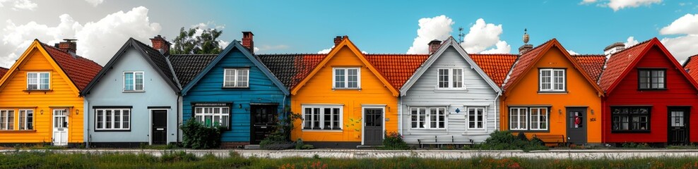 Fototapeta premium Three houses with different colors, including blue, orange, and yellow, sitting next to each other on a street.