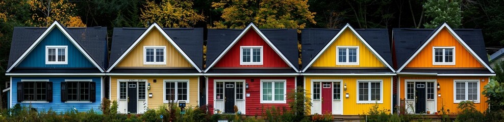Obraz premium Three houses with different colored roofs sit next to each other in a neighborhood.