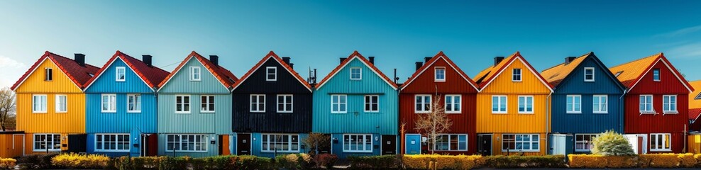 Obraz premium A row of colorful houses with blue, red, and black exteriors. The houses are lined up next to each other and have windows on the front. The scene is set against a blue sky background.