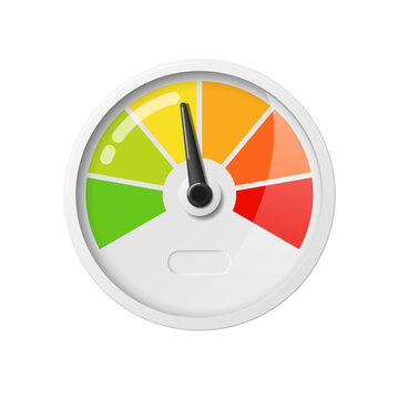 Realistic speedometer icon. With arrow for instrument panel with color indicators. Tachometer gauge or speed, performance and rating scale. Vector illustration.