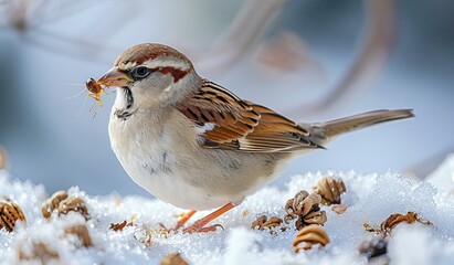 A small bird with a brown and white striped pattern is eating a bug off a branch.