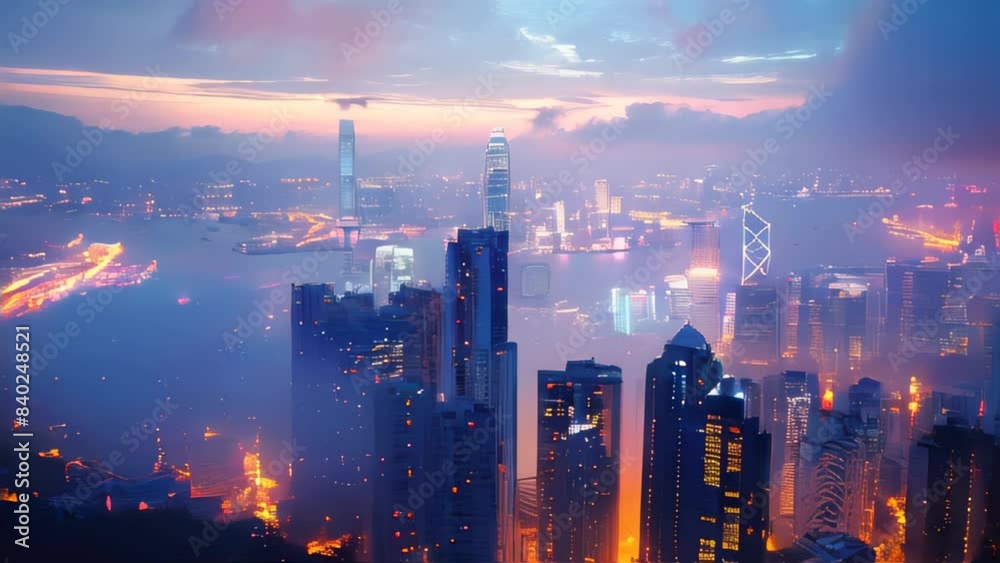 Wall mural Hong Kong Skyline at Dusk With Fog and City Lights - Wall murals