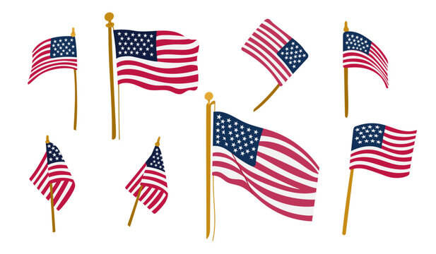 USA flag fluttering on wind flat set. Vector illustration of national American flags in different positions. Perfect for decoration on Independence, Patriot, Veterans Days