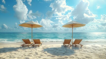 Fototapeta premium Beach umbrella with chairs on sand. Summer vacation concept. 3D rendering.