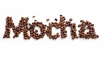 "Mocha" Text Created from Roasted Coffee Beans on White Background