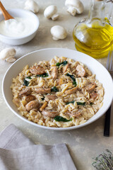 Orzo pasta with mushrooms and spinach. Italian Cuisine. Vegetarian food.