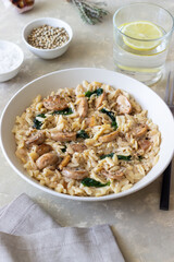 Orzo pasta with mushrooms and spinach. Italian Cuisine. Vegetarian food.