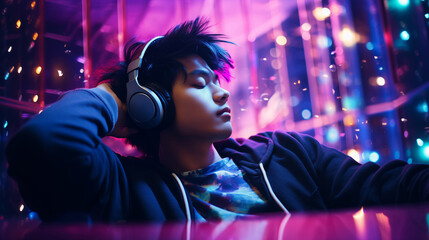 A young Asian man with closed eyes enjoys music through wireless headphones in a dark room illuminated by vibrant pink and purple neon lights.	