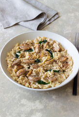 Orzo pasta with mushrooms and spinach. Italian Cuisine. Vegetarian food.
