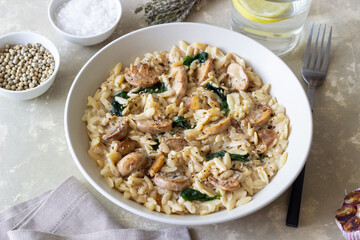 Orzo pasta with mushrooms and spinach. Italian Cuisine. Vegetarian food.