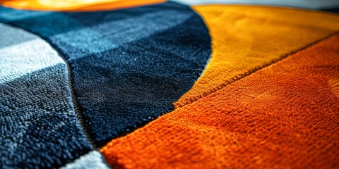A close-up image of a textured carpet with blue, orange, and white patterns