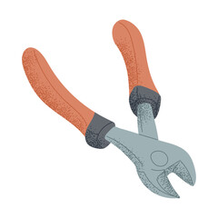 Flat hand drawn pliers tool illustration. Vector drawing of useful tool isolated on white background. Repairing and Sustainability, upgrade concept