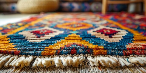 A detailed view of a colorful woven rug with intricate patterns and frayed fringes